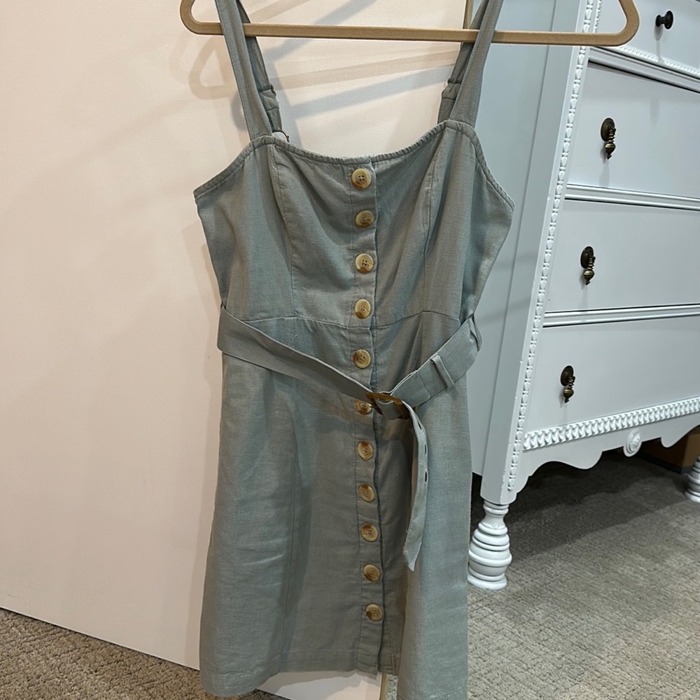 Pastel teal button-up summer dress with belt